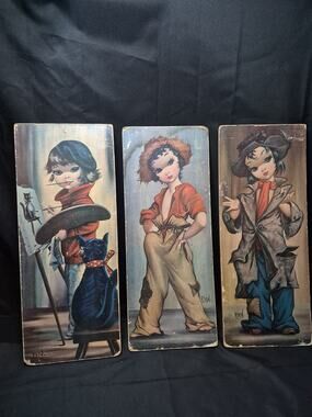 3 Vintage EDEN Moppet Series Eden Big Eye Girl Woman Hobo Wall Hanging Print